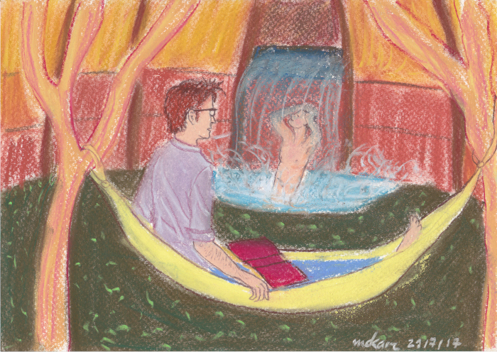 Tenth Doctor in a hammock with a book, sitting up; Jack bathing under a waterfall in a pool in the Tardis